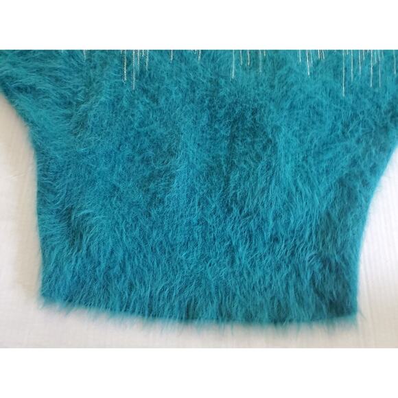 Jennifer Lopez XXL Dolman Sleeve Metallic Thread Faux Fur Teal Pullover Sweater - Picture 4 of 7
